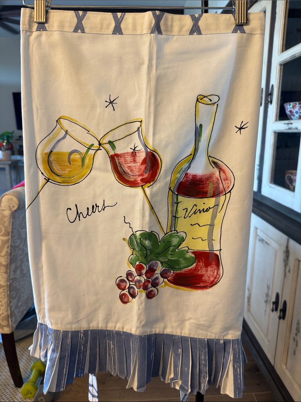 Cooking Apron -Cheers Wine Print Kitchen Towel - Red, Yellow, Green